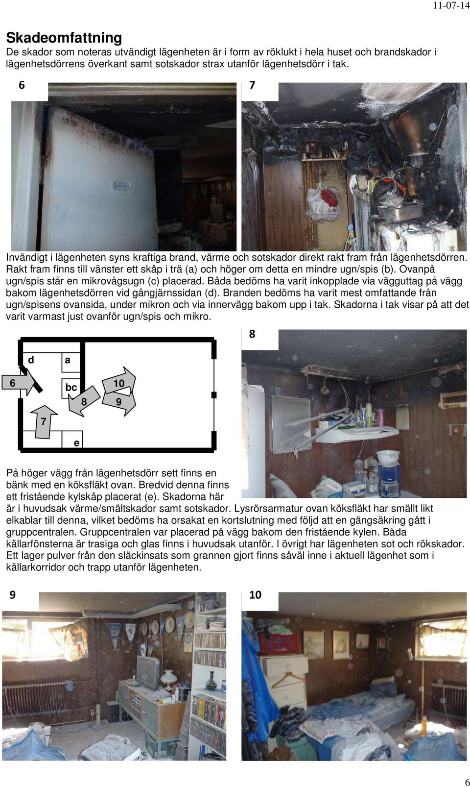 Ovanpå ugn/spis står en mikrovågsugn (c) placerad. Båda bedöms ha varit inkopplade via vägguttag på vägg bakom lägenhetsdörren vid gångjärnssidan (d).