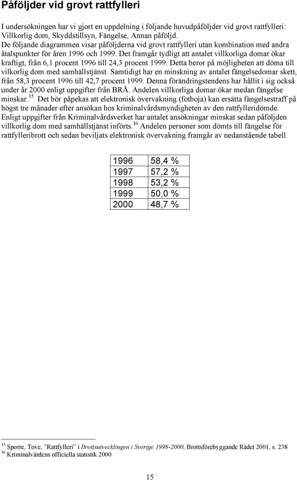 Det framgår tydligt att antalet villkorliga domar ökar kraftigt, från 6,1 procent 1996 till 24,3 procent 1999. Detta beror på möjligheten att döma till vilkorlig dom med samhällstjänst.