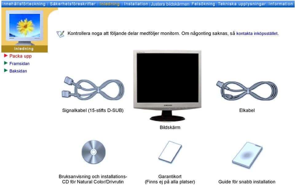 Packa upp Framsidan Baksidan Signalkabel (15-stifts D-SUB) Elkabel Bildskärm