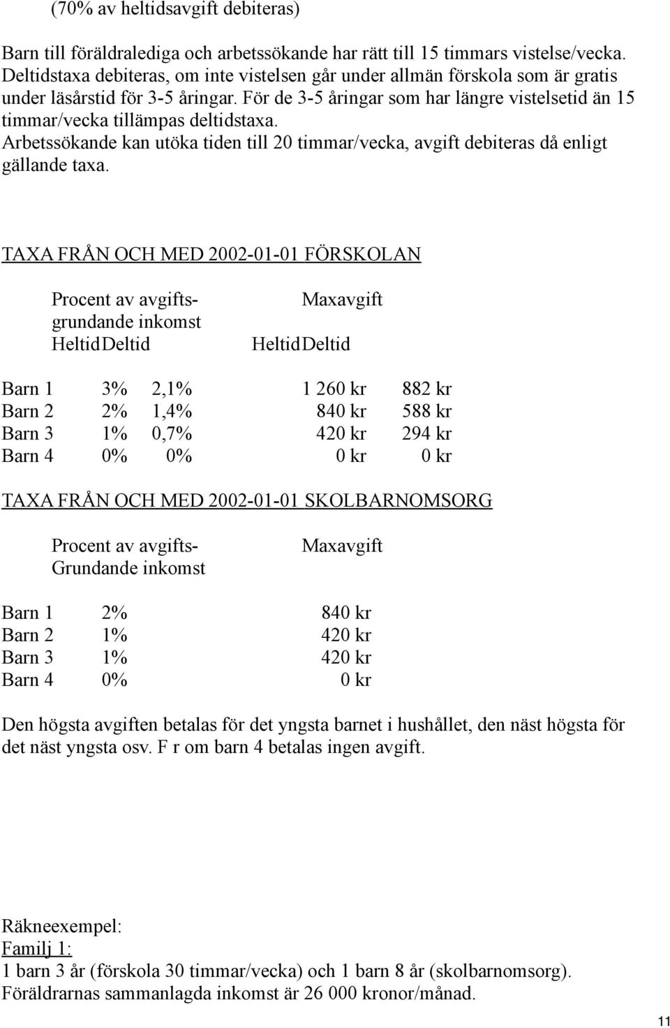 För de 3-5 åringar som har längre vistelsetid än 15 timmar/vecka tillämpas deltidstaxa. Arbetssökande kan utöka tiden till 20 timmar/vecka, avgift debiteras då enligt gällande taxa.