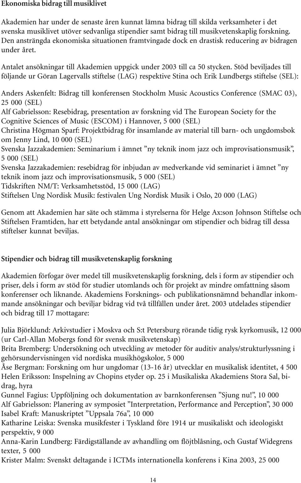 Antalet ansökningar till Akademien uppgick under 2003 till ca 50 stycken.