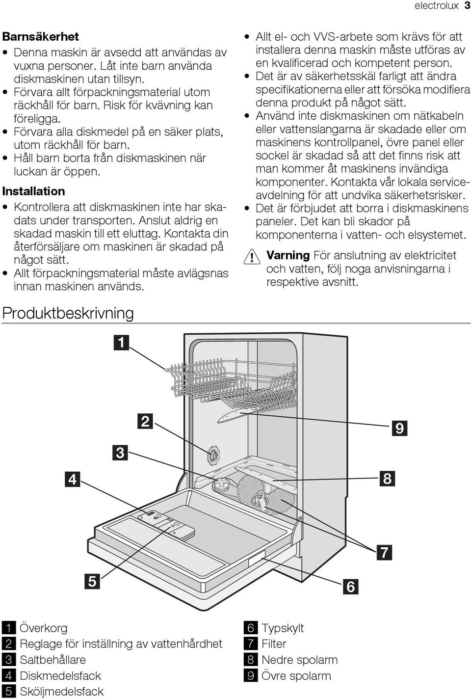 Installation Kontrollera att diskmaskinen inte har skadats under transporten. Anslut aldrig en skadad maskin till ett eluttag. Kontakta din återförsäljare om maskinen är skadad på något sätt.