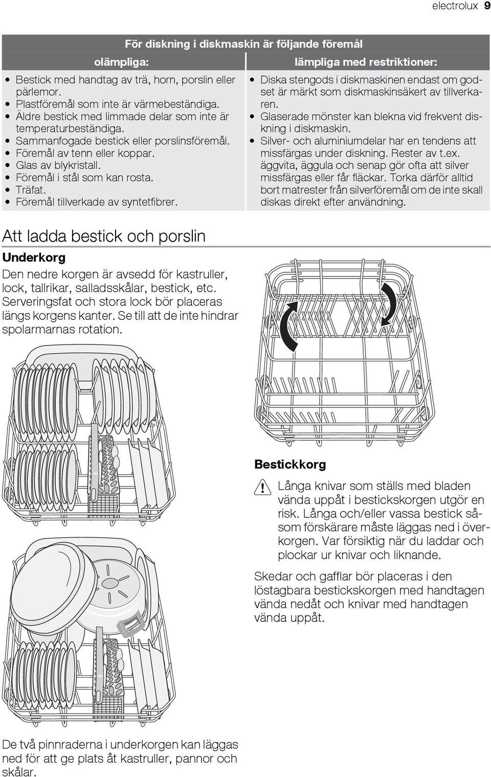 Att ladda bestick och porslin Underkorg Den nedre korgen är avsedd för kastruller, lock, tallrikar, salladsskålar, bestick, etc. Serveringsfat och stora lock bör placeras längs korgens kanter.