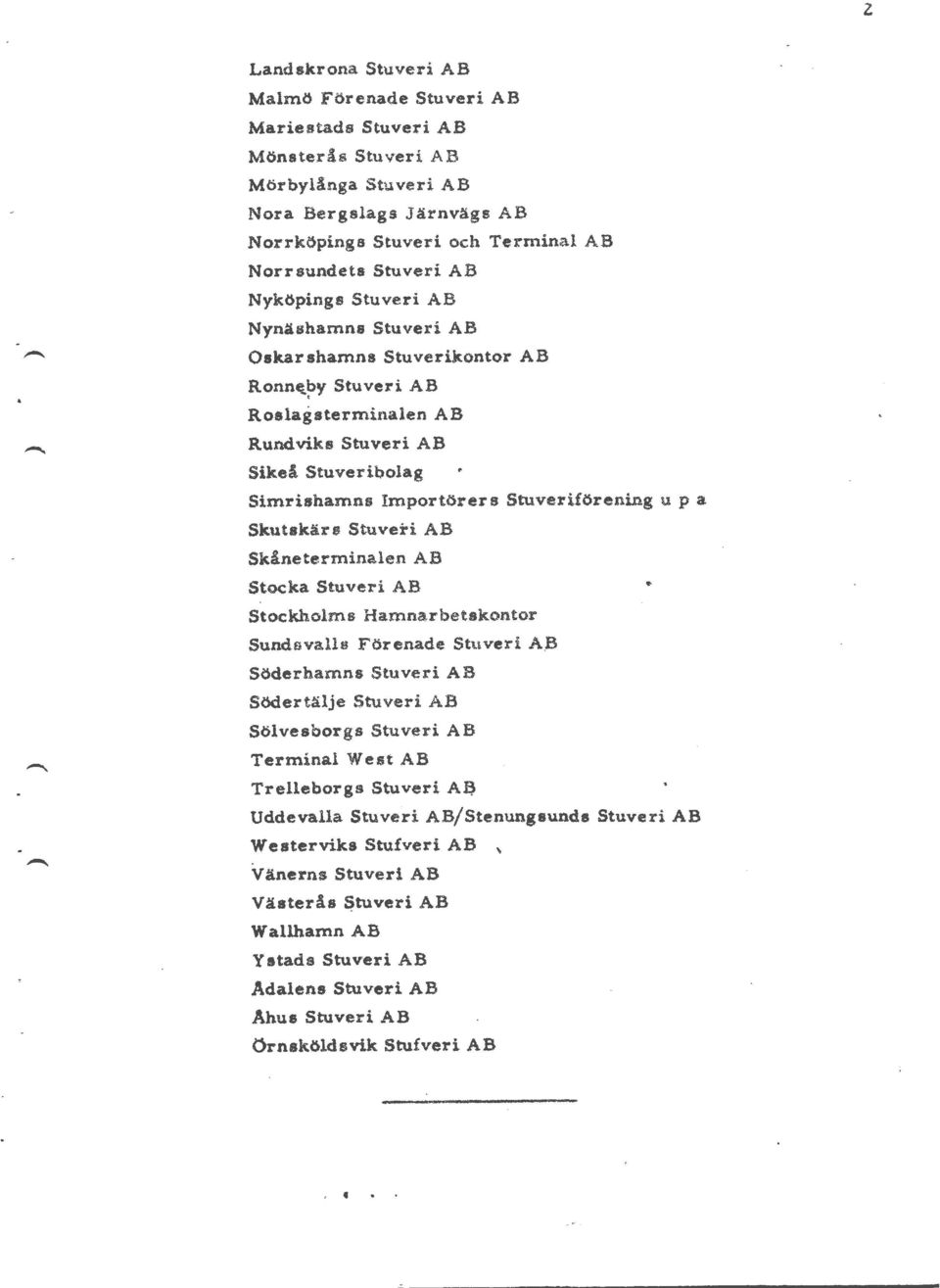 Ronn~by Stuveri AB Roalagsterminalen AB Rundviks Stuveri AB Sikel Stuveribolag Simrishamns Importörers Stuveriförening u p a Skutakärs Stuveri AB Sklneterminalen AB Stocka Stuveri AB Stockholms