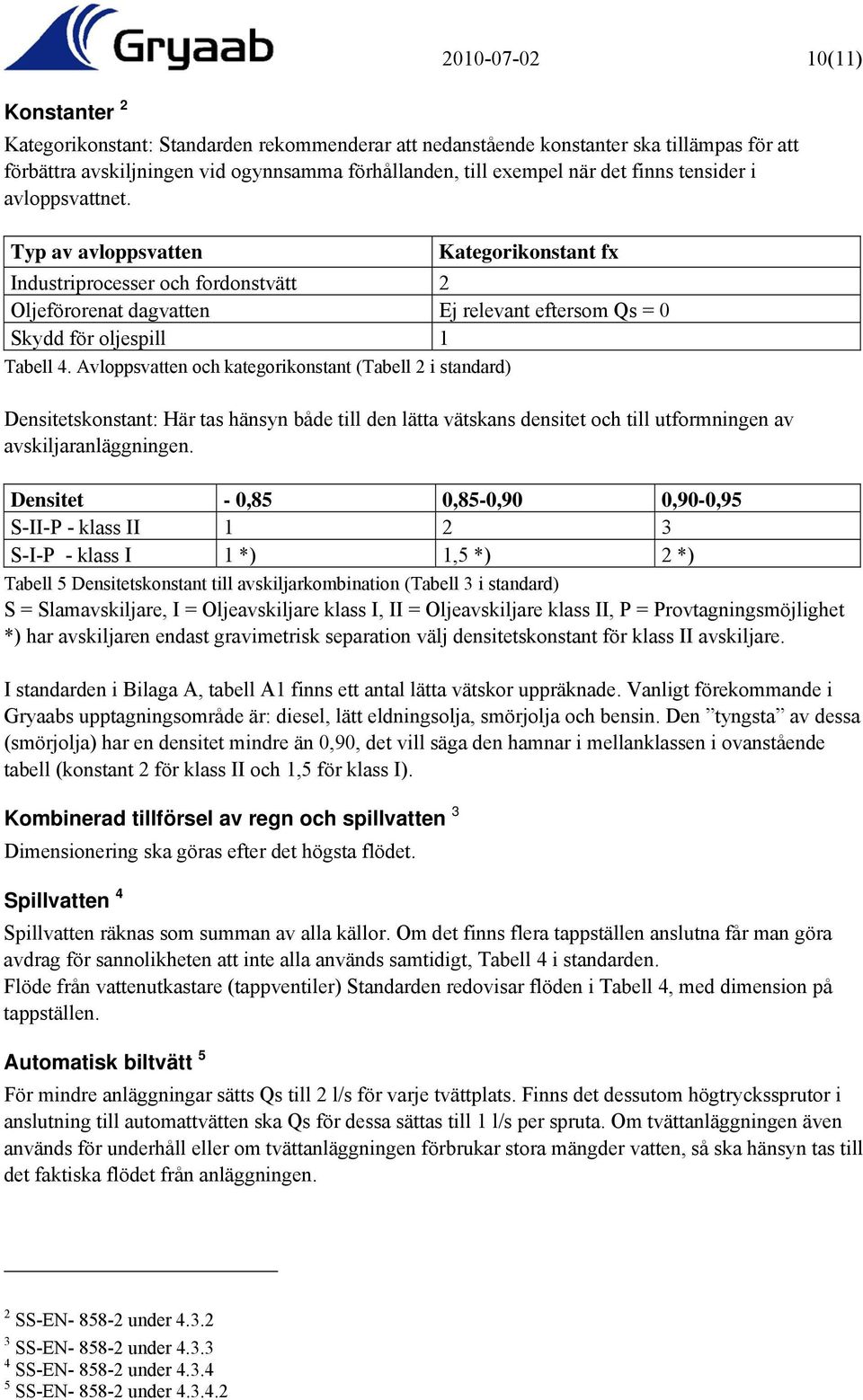 Avloppsvatten och kategorikonstant (Tabell 2 i standard) Densitetskonstant: Här tas hänsyn både till den lätta vätskans densitet och till utformningen av avskiljaranläggningen.