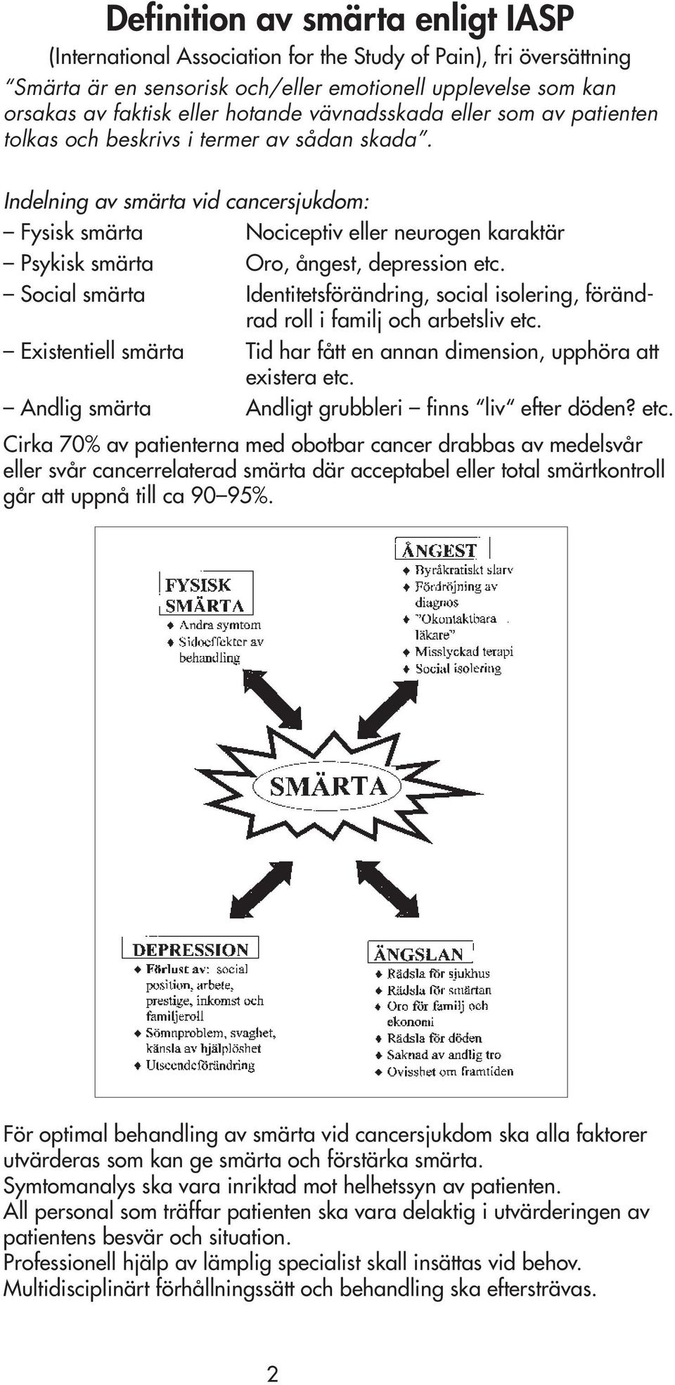 Indelning av smärta vid cancersjukdom: Fysisk smärta Nociceptiv eller neurogen karaktär Psykisk smärta Oro, ångest, depression etc.