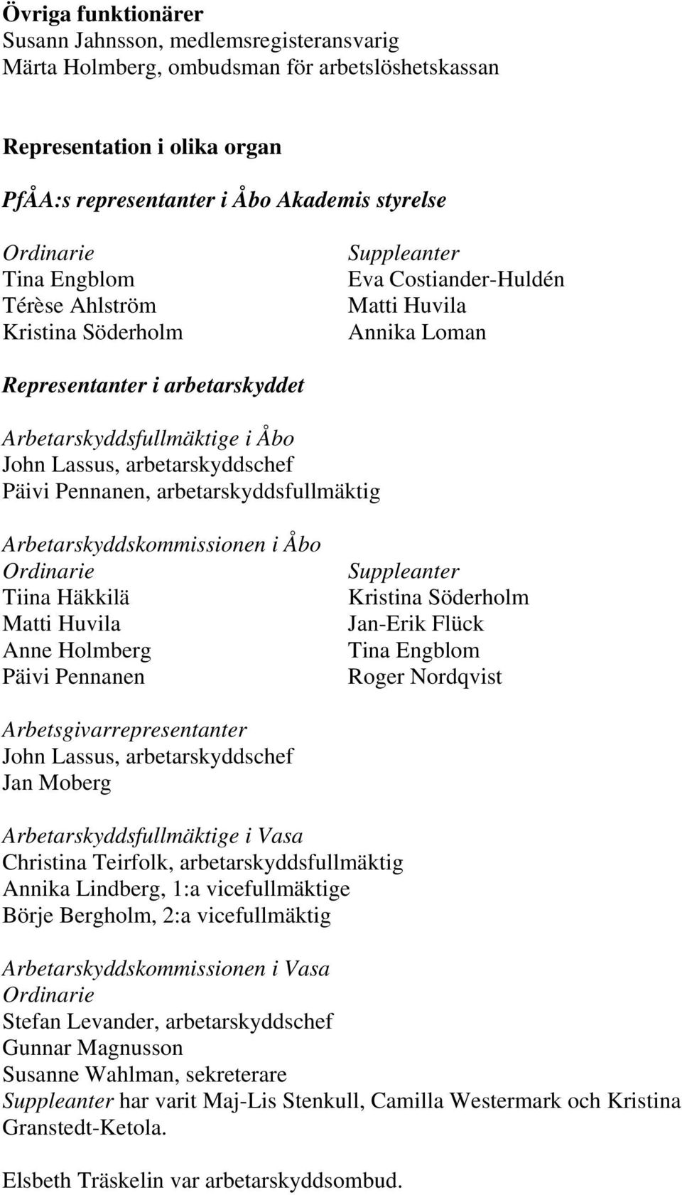 Holmberg Jan-Erik Flück Roger Nordqvist Arbetsgivarrepresentanter John Lassus, arbetarskyddschef Jan Moberg Arbetarskyddsfullmäktige i Vasa Christina Teirfolk, arbetarskyddsfullmäktig Annika