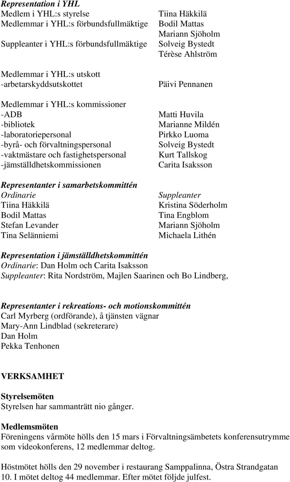 Mariann Sjöholm Solveig Bystedt Térèse Ahlström Marianne Mildén Pirkko Luoma Solveig Bystedt Kurt Tallskog Carita Isaksson Mariann Sjöholm Michaela Lithén Representation i jämställdhetskommittén :