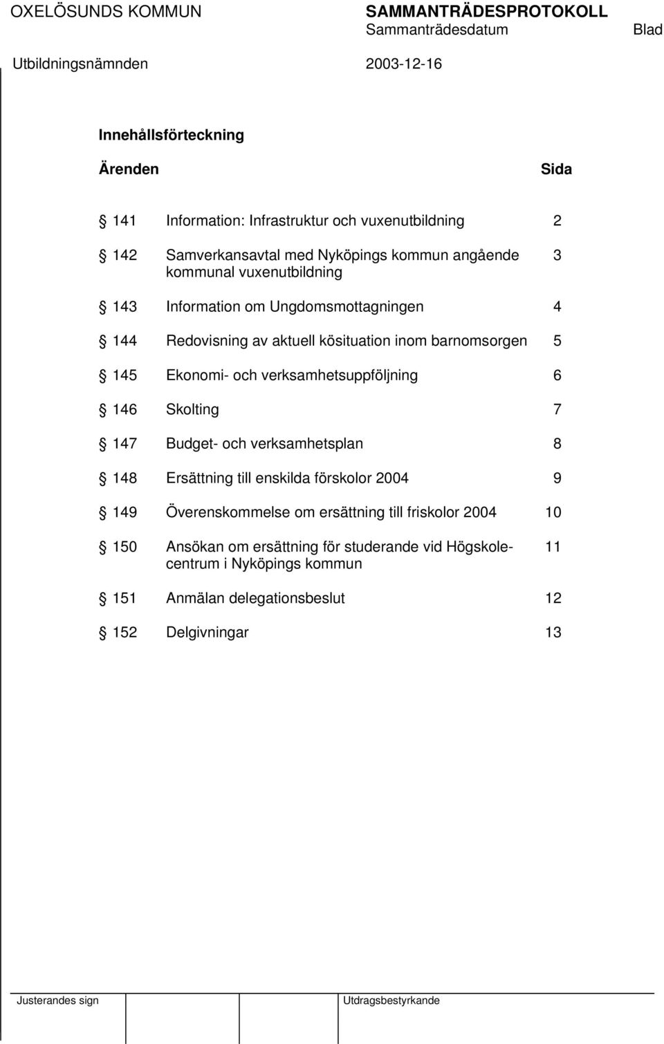 och verksamhetsuppföljning 6 146 Skolting 7 147 Budget- och verksamhetsplan 8 148 Ersättning till enskilda förskolor 2004 9 149 Överenskommelse om