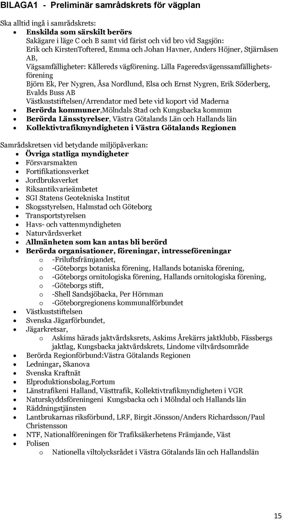 Lilla Fageredsvägenssamfällighetsförening Björn Ek, Per Nygren, Åsa Nordlund, Elsa och Ernst Nygren, Erik Söderberg, Evalds Buss AB Västkuststiftelsen/Arrendator med bete vid koport vid Maderna