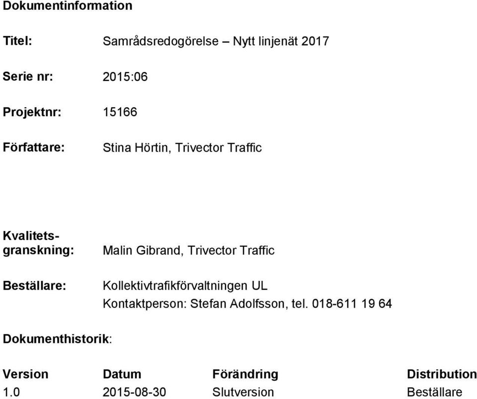 Gibrand, Trivector Traffic Kollektivtrafikförvaltningen UL Kontaktperson: Stefan Adolfsson, tel.