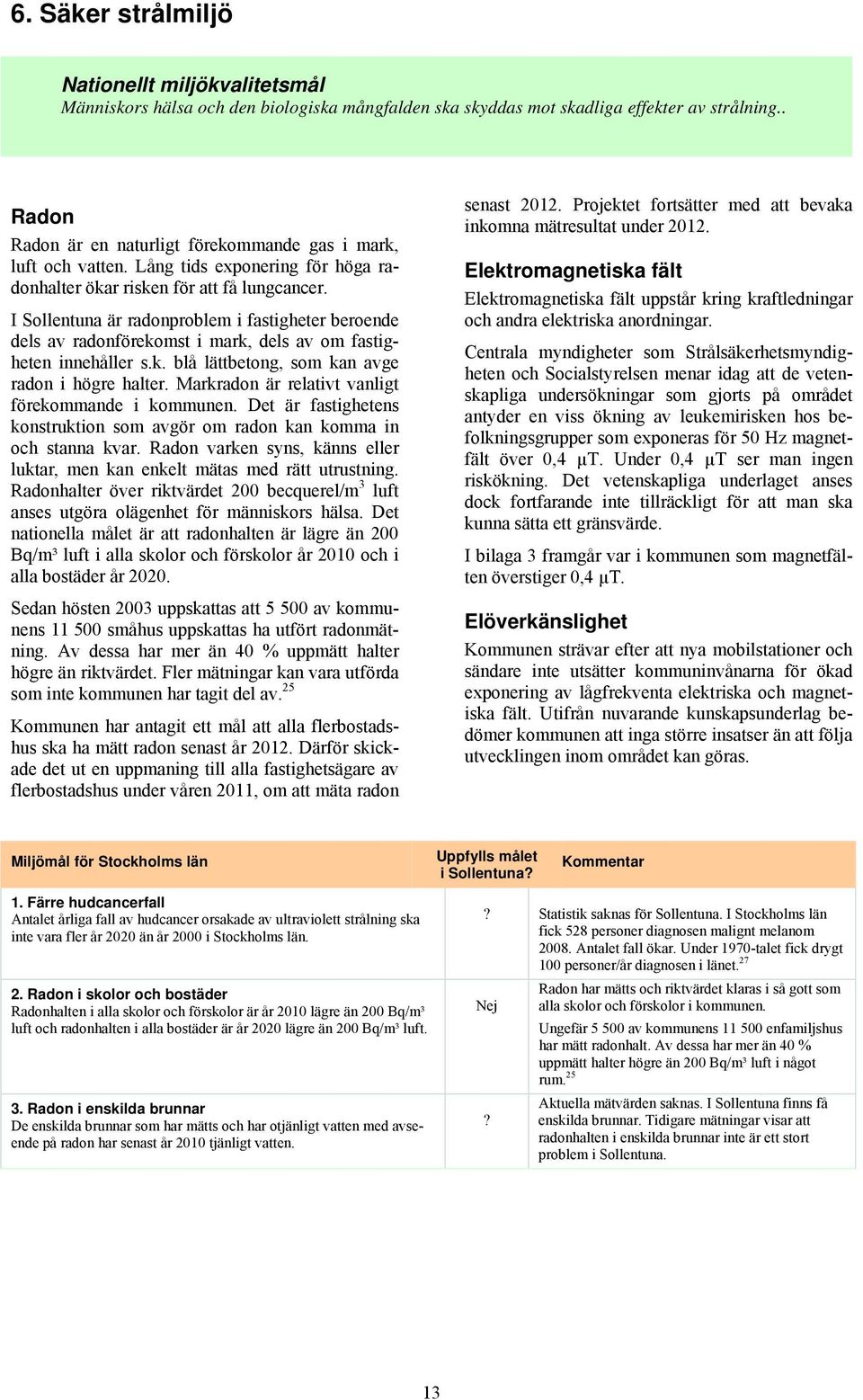 I Sollentuna är radonproblem i fastigheter beroende dels av radonförekomst i mark, dels av om fastigheten innehåller s.k. blå lättbetong, som kan avge radon i högre halter.