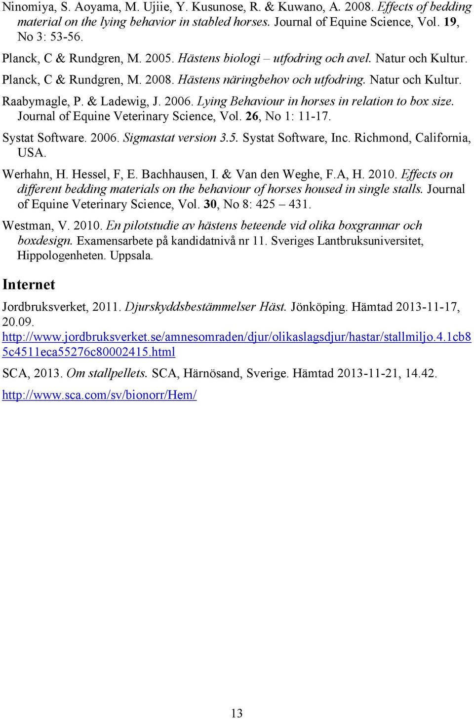 2006. Lying Behaviour in horses in relation to box size. Journal of Equine Veterinary Science, Vol. 26, No 1: 11-17. Systat Software. 2006. Sigmastat version 3.5. Systat Software, Inc.