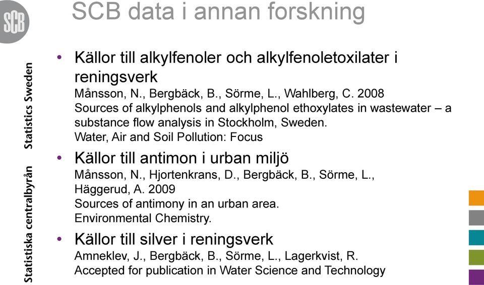 Water, Air and Soil Pollution: Focus Källor till antimon i urban miljö Månsson, N., Hjortenkrans, D., Bergbäck, B., Sörme, L., Häggerud, A.