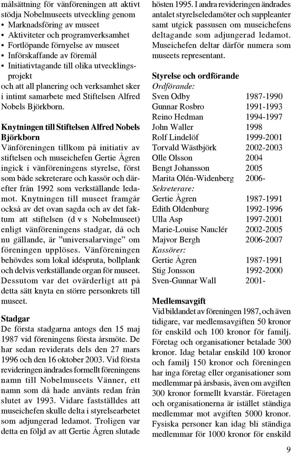 Knytningen till Stiftelsen Alfred Nobels Björkborn Vänföreningen tillkom på initiativ av stiftelsen och museichefen Gertie Ågren ingick i vänföreningens styrelse, först som både sekreterare och