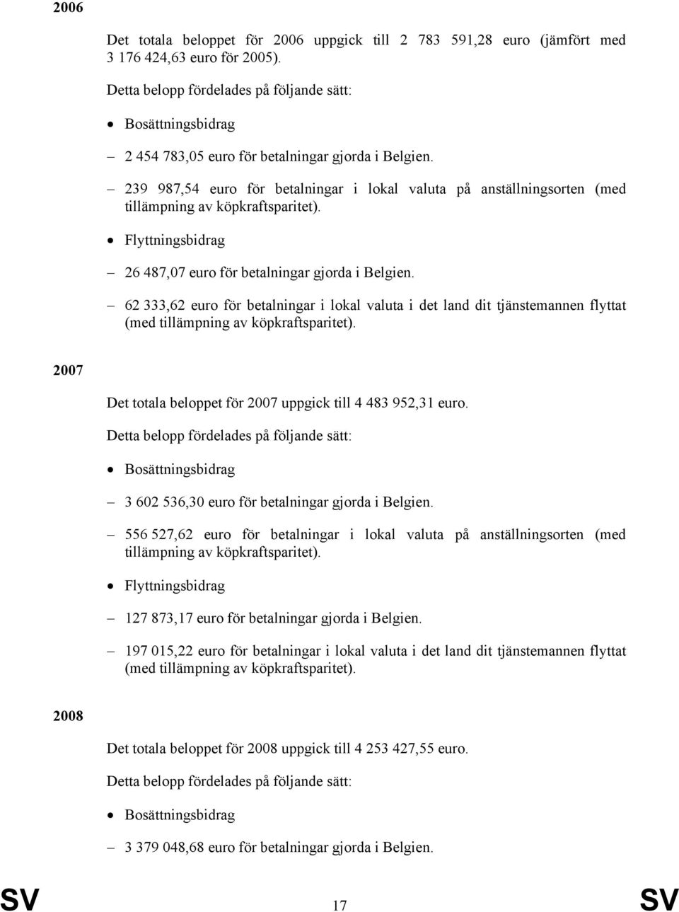 239 987,54 euro för betalningar i lokal valuta på anställningsorten (med tillämpning av köpkraftsparitet). Flyttningsbidrag 26 487,07 euro för betalningar gjorda i Belgien.