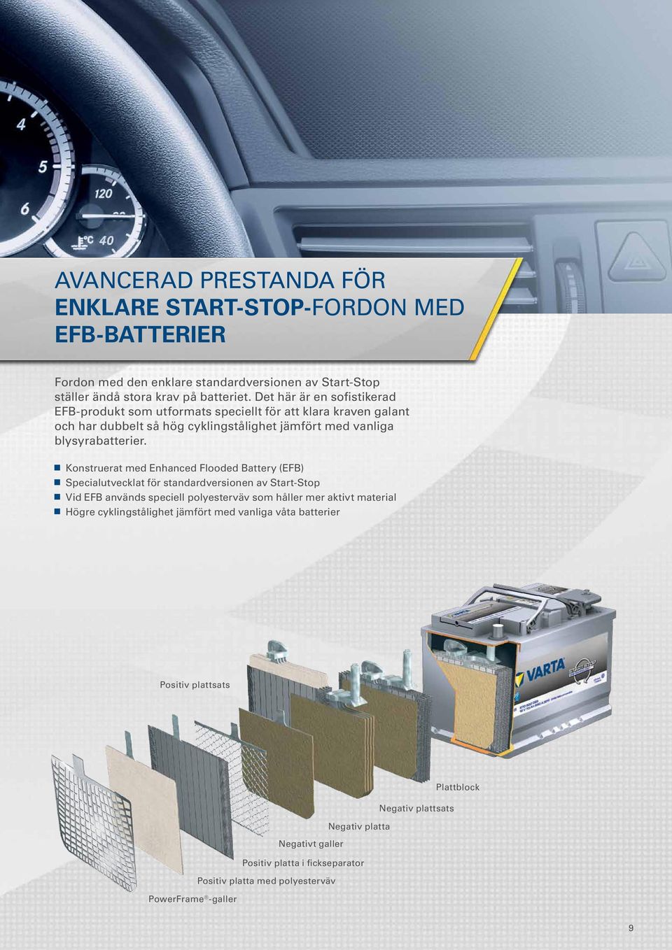 Konstruerat med Enhanced Flooded Battery (EFB) Specialutvecklat för standardversionen av Start-Stop Vid EFB används speciell polyesterväv som håller mer aktivt material Högre