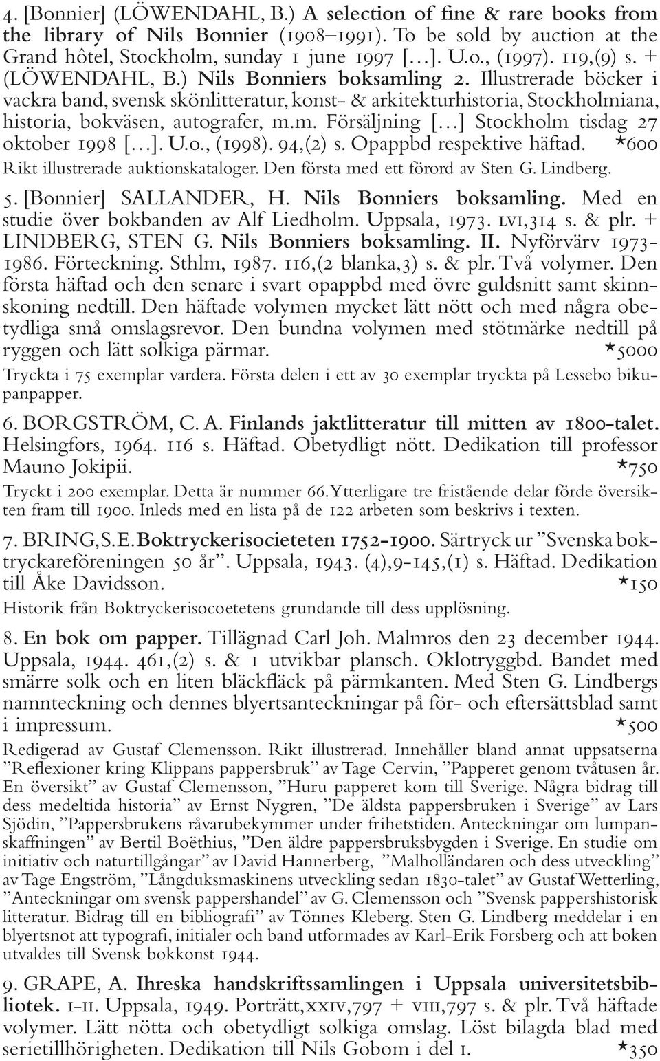 U.o., (1998). 94,(2) s. Opappbd respektive häftad. *600 Rikt illustrerade auktionskataloger. Den första med ett förord av Sten G. Lindberg. 5. [Bonnier] SALLANDER, H. Nils Bonniers boksamling.