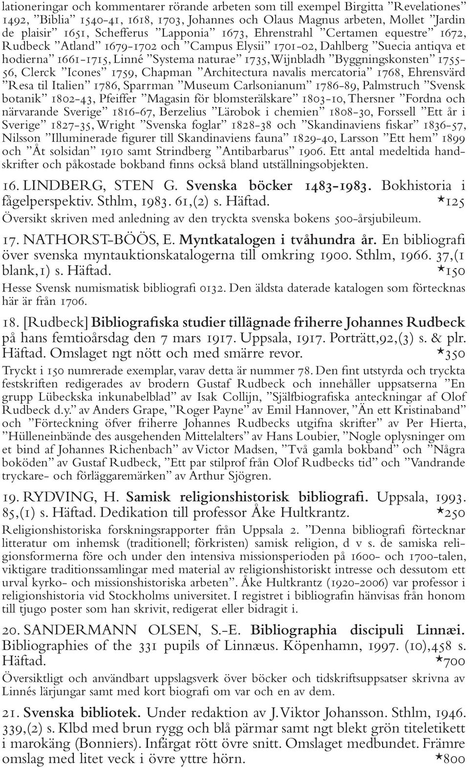 Byggningskonsten 1755-56, Clerck Icones 1759, Chapman Architectura navalis mercatoria 1768, Ehrensvärd Resa til Italien 1786, Sparrman Museum Carlsonianum 1786-89, Palmstruch Svensk botanik 1802-43,