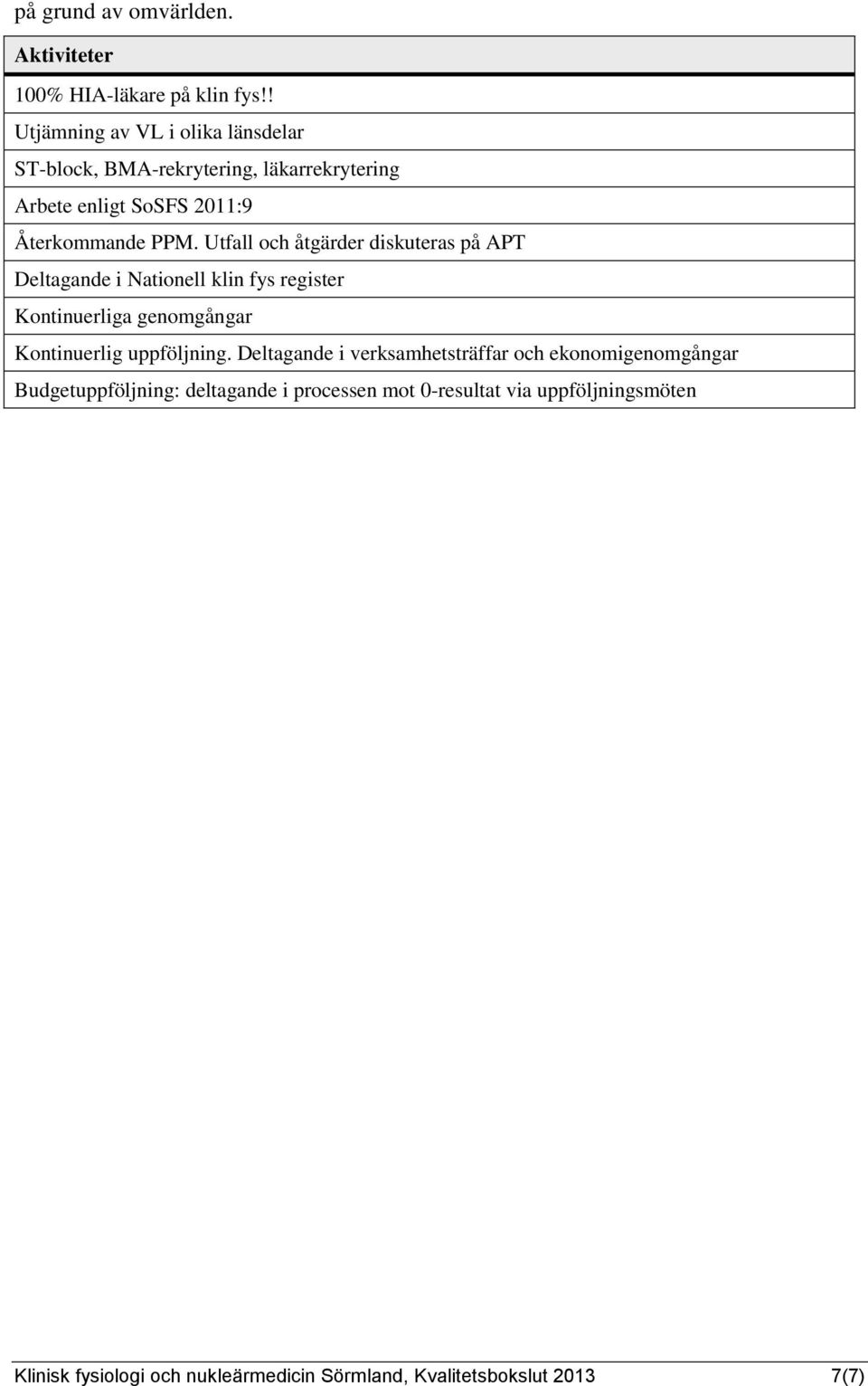 Utfall och åtgärder diskuteras på APT Deltagande i Nationell klin fys register Kontinuerliga genomgångar Kontinuerlig