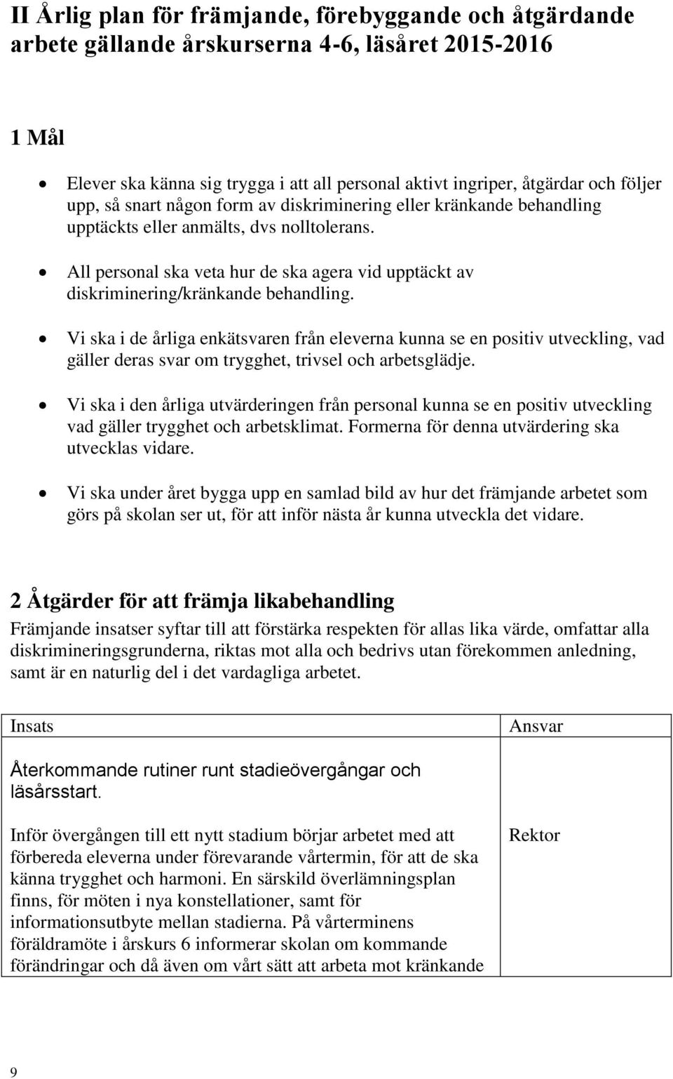 All personal ska veta hur de ska agera vid upptäckt av diskriminering/kränkande behandling.