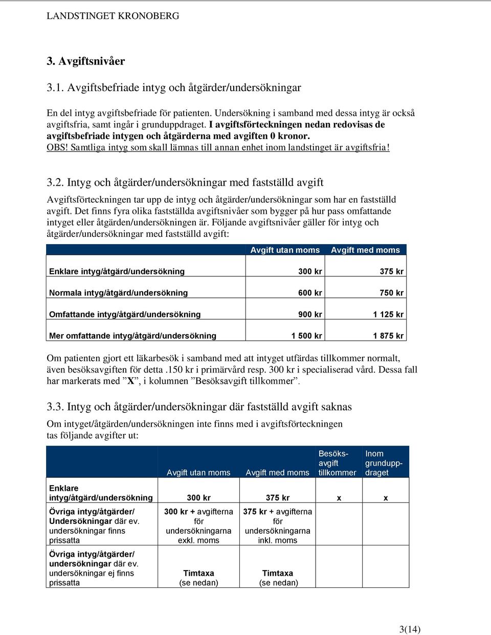 Intyg och åtgärder/undersökningar med fastställd avgift Avgiftsförteckningen tar upp de intyg och åtgärder/undersökningar som har en fastställd avgift.