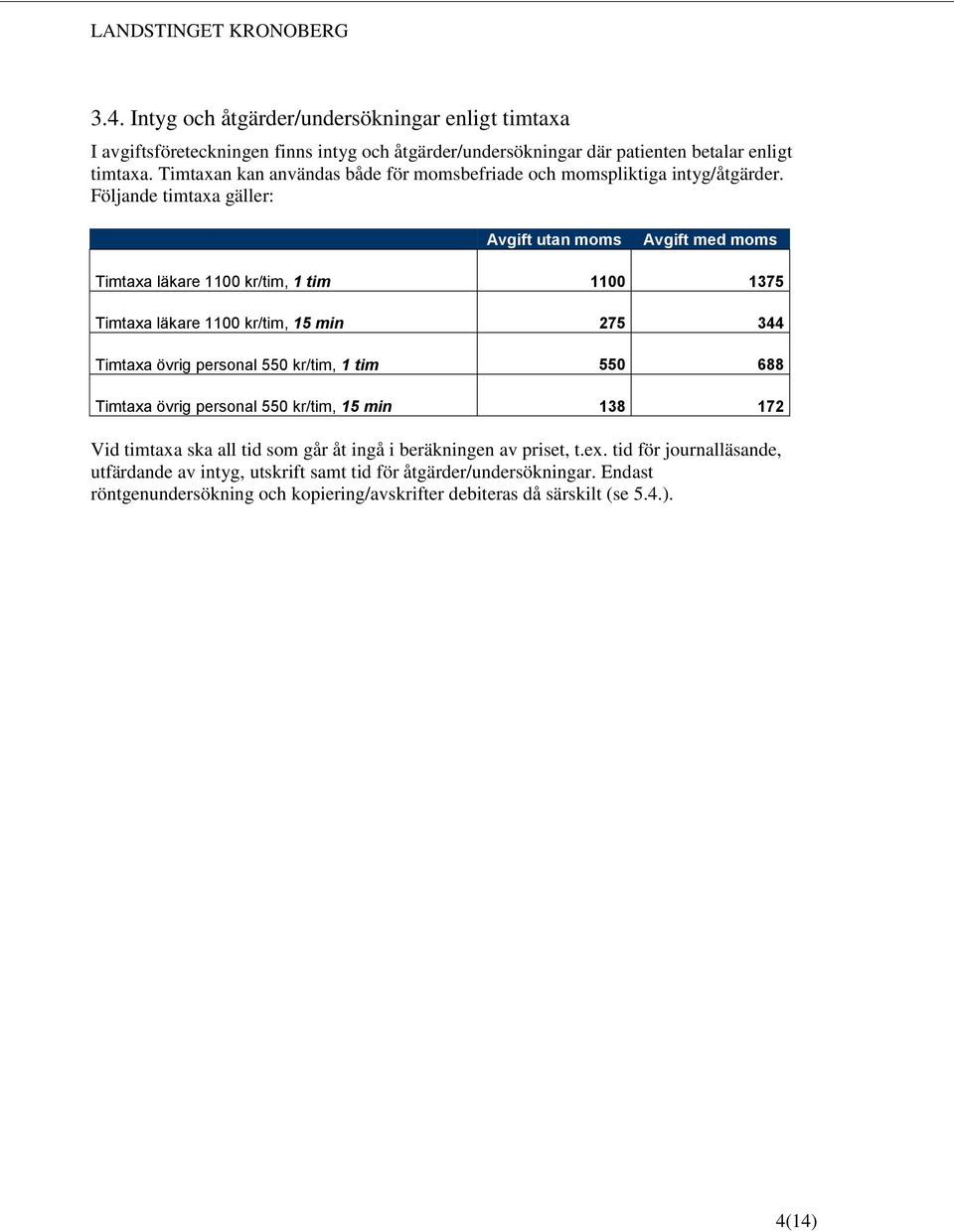 Följande timtaxa gäller: Timtaxa läkare 1100 kr/tim, 1 tim 1100 1375 Timtaxa läkare 1100 kr/tim, 15 min 275 344 Timtaxa övrig personal 550 kr/tim, 1 tim 550 688 Timtaxa