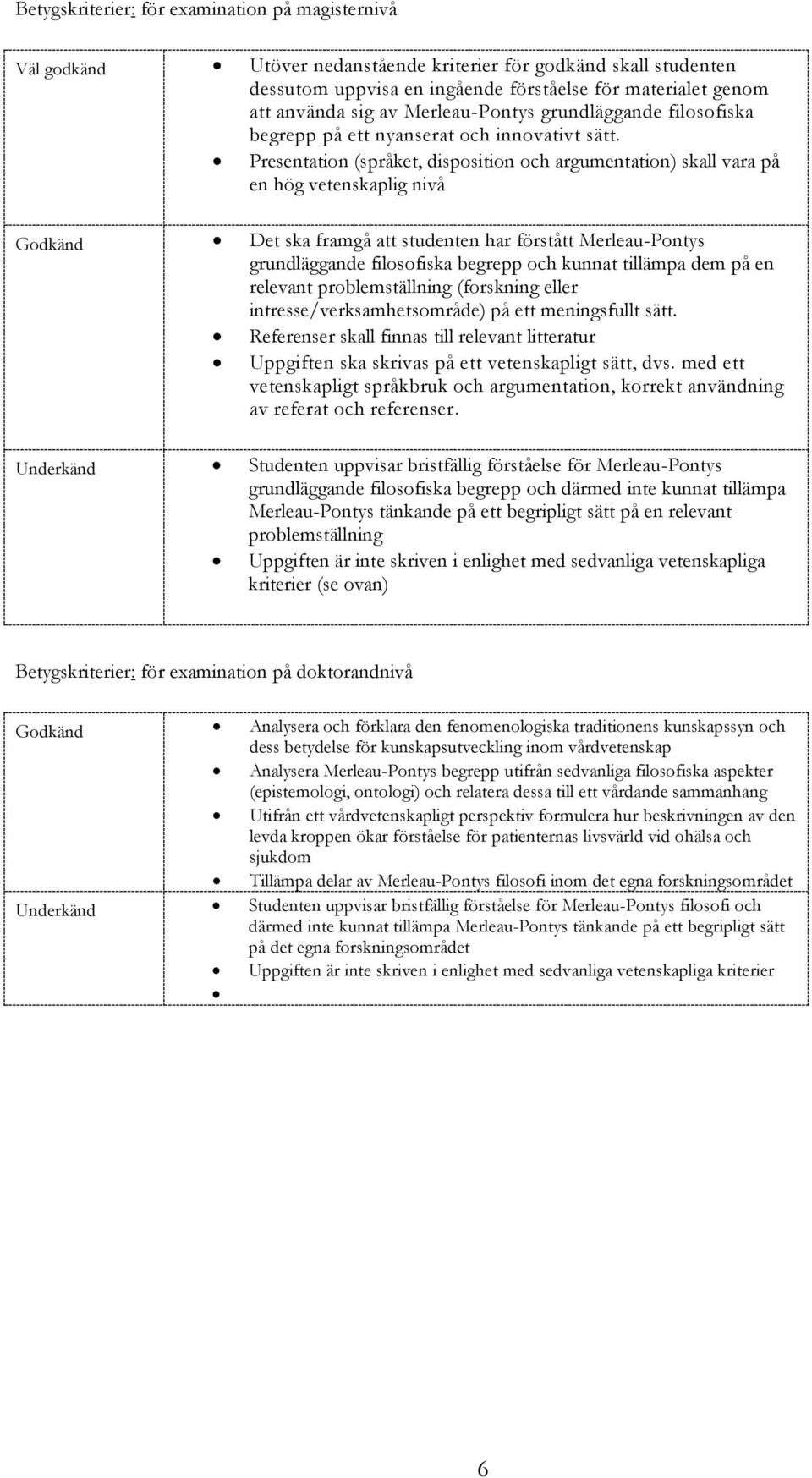 Presentation (språket, disposition och argumentation) skall vara på en hög vetenskaplig nivå Godkänd Det ska framgå att studenten har förstått Merleau-Pontys grundläggande filosofiska begrepp och