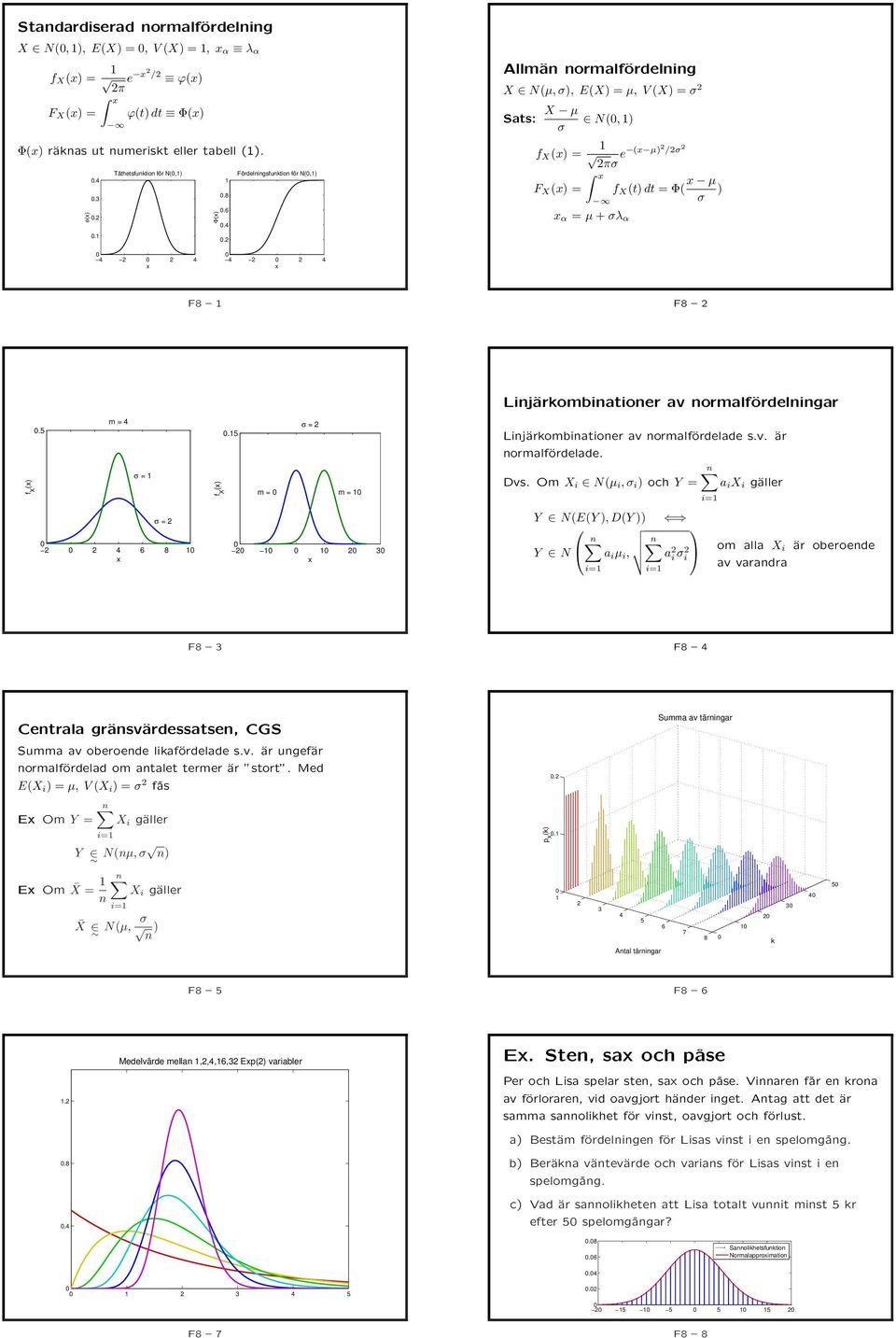 Dvs. Om X i Nµ i, σ i och Y a i X i gäller Y NEY, DY Y N a i µ i, n a i σ om alla X i är oberoende i av varandra F8 F8 Centrala gränsvärdessatsen, CGS Summa av oberoende likafördelade s.v. är ungefär normalfördelad om antalet termer är stort.