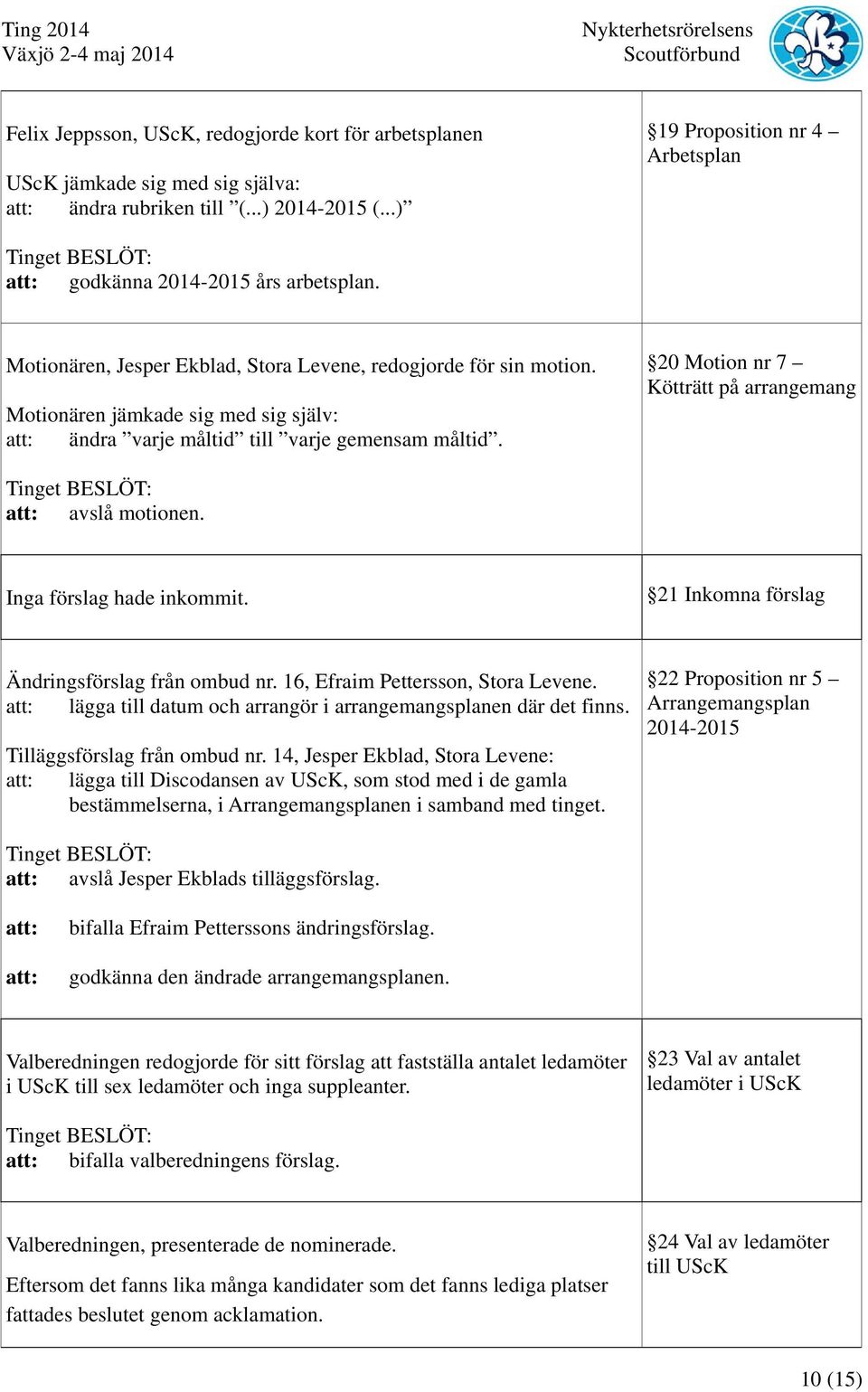 20 Motion nr 7 Kötträtt på arrangemang avslå motionen. Inga förslag hade inkommit. 21 Inkomna förslag Ändringsförslag från ombud nr. 16, Efraim Pettersson, Stora Levene.