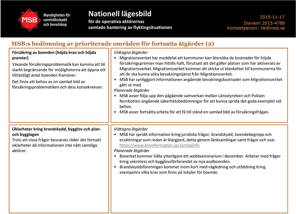 Vidtagna åtgärder Migrationsverket har meddelat att kommuner kan återsökade kostnader för höjda försäkringspremier man hittills haft, förutsatt att det gäller platser som har aktiverats av