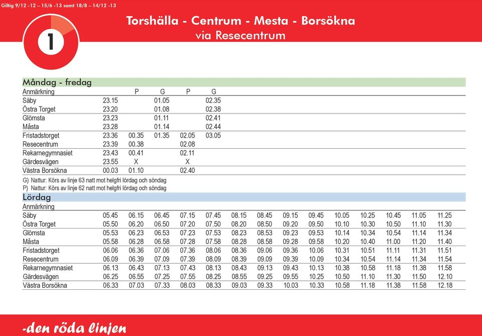 40 G) Nattur: Körs av linje 63 natt mot helgfri lördag och söndag P) Nattur: Körs av linje 62 natt mot helgfri lördag och söndag Lördag Säby 05.45 06.15 06.45 07.15 07.45 08.15 08.45 09.15 09.45 10.