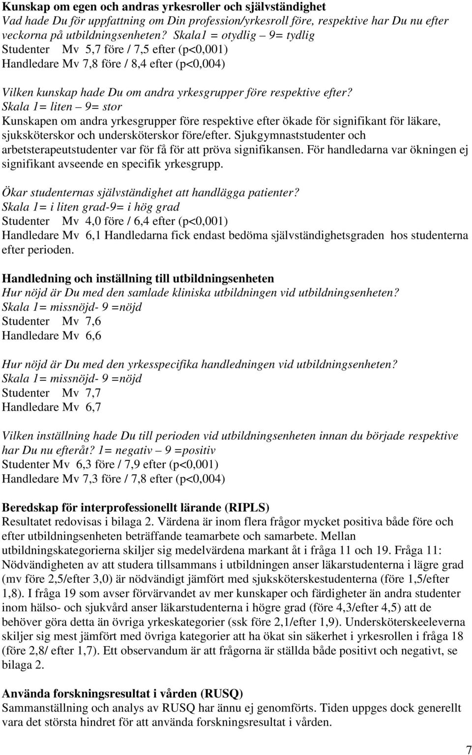 Skala 1= liten 9= stor Kunskapen om andra yrkesgrupper före respektive efter ökade för signifikant för läkare, sjuksköterskor och undersköterskor före/efter.