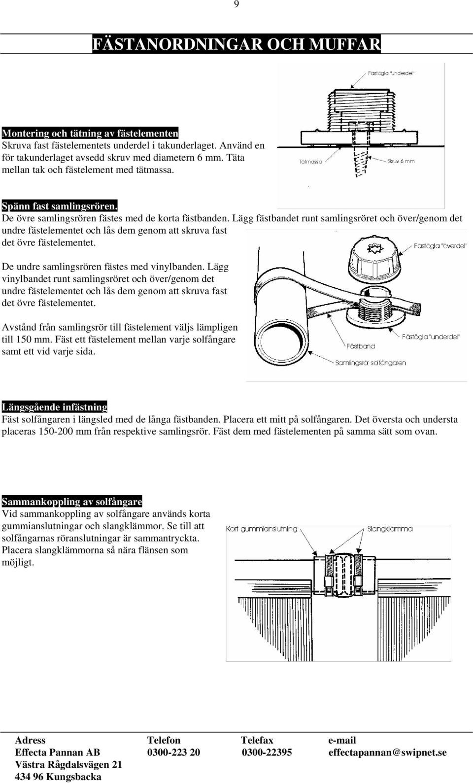 Lägg fästbandet runt samlingsröret och över/genom det undre fästelementet och lås dem genom att skruva fast det övre fästelementet. De undre samlingsrören fästes med vinylbanden.