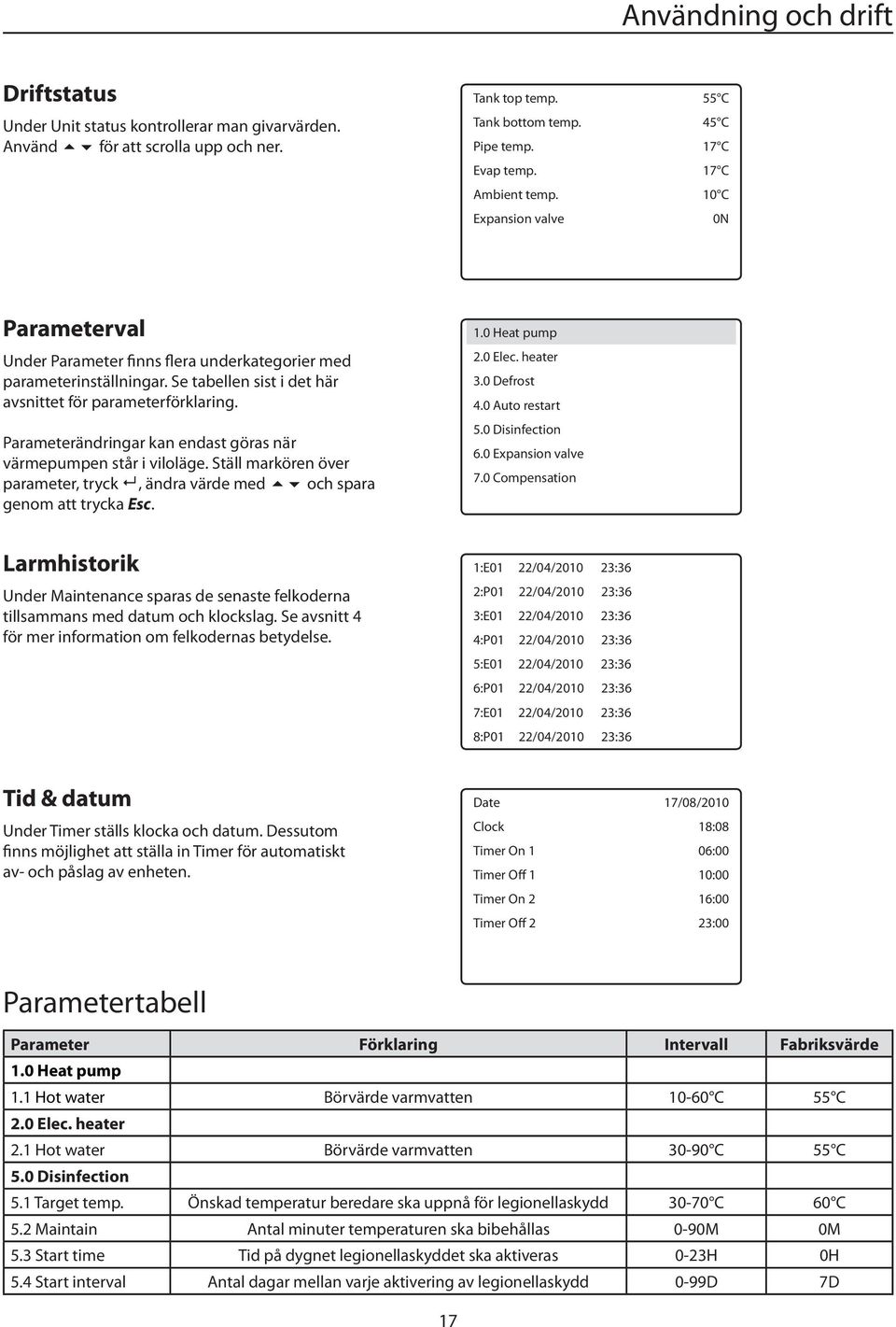 Parameterändringar kan endast göras när värmepumpen står i viloläge. Ställ markören över parameter, tryck, ändra värde med och spara genom att trycka Esc. 1.0 Heat pump 2.0 Elec. heater 3.0 Defrost 4.