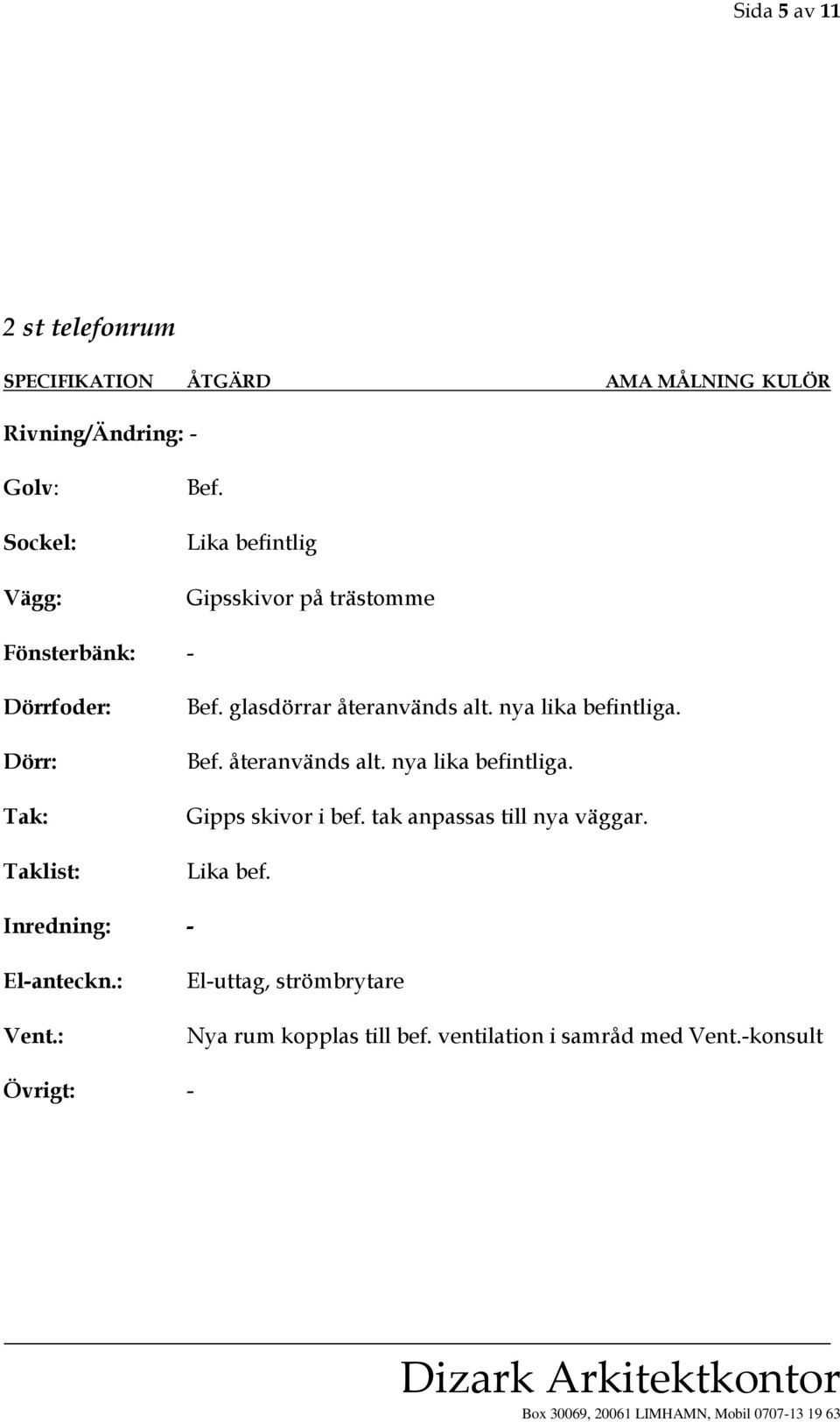 glasdörrar återanvänds alt. nya lika befintliga. Bef. återanvänds alt. nya lika befintliga. Gipps skivor i bef.