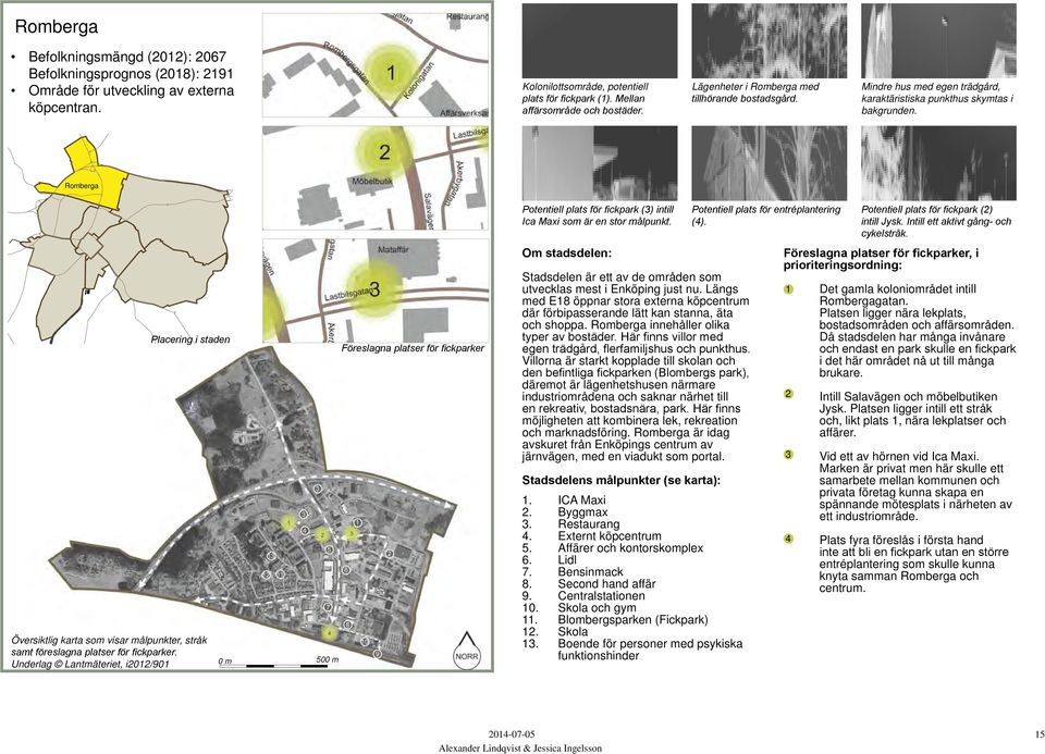 Romberga Placering i staden Översiktlig karta som visar målpunkter, stråk samt föreslagna platser för fickparker.