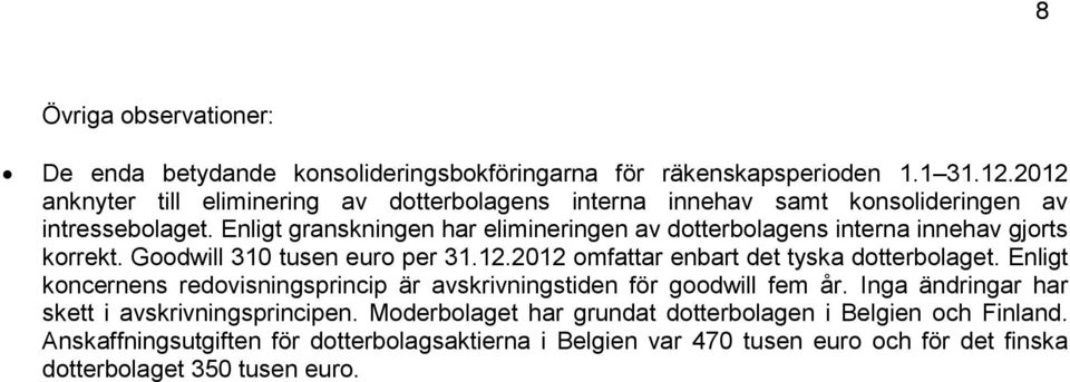 Enligt granskningen har elimineringen av dotterbolagens interna innehav gjorts korrekt. Goodwill 310 tusen euro per 31.12.2012 omfattar enbart det tyska dotterbolaget.