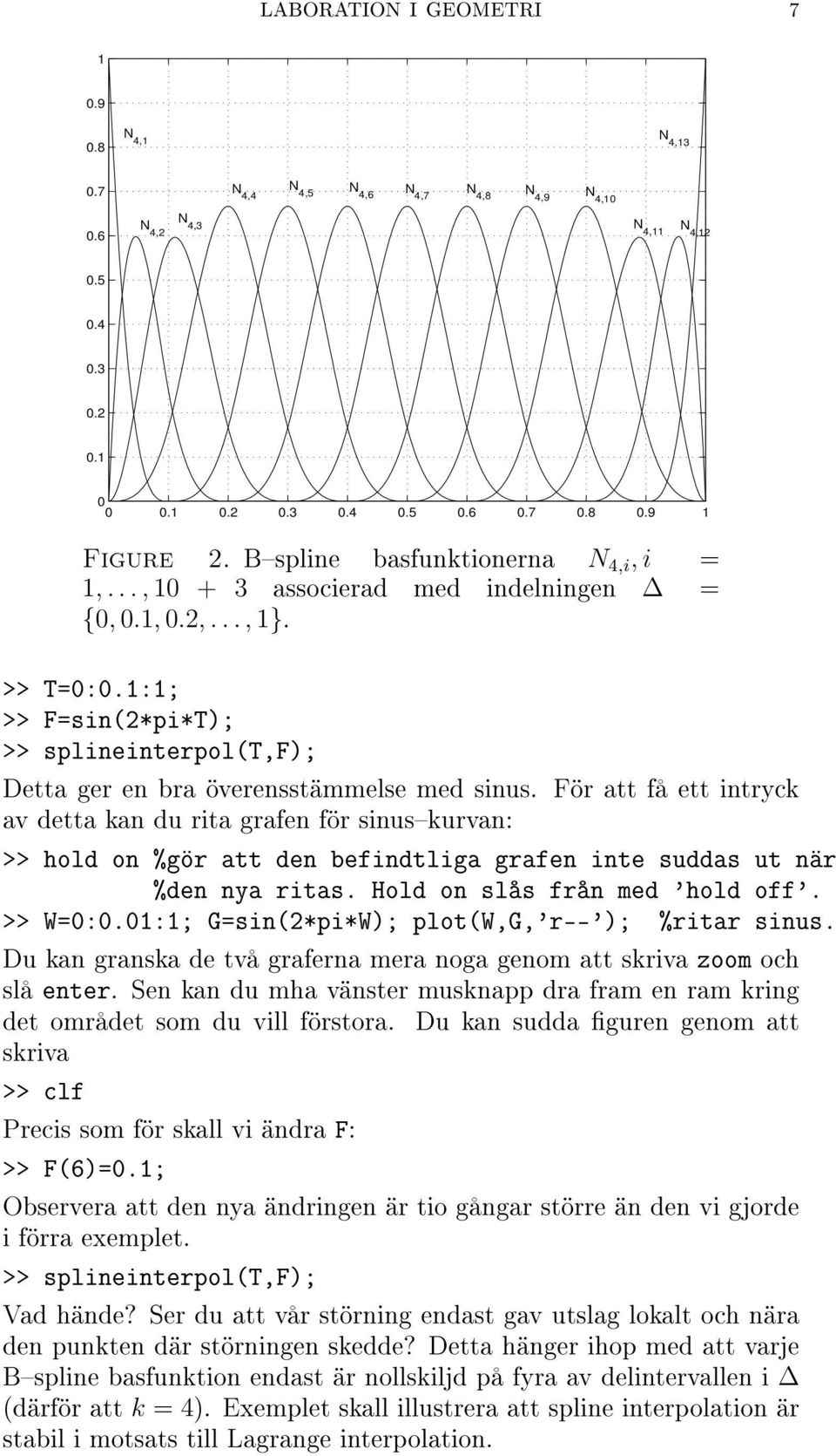 För att få ett intryck av detta kan du rita grafen för sinuskurvan: >> hold on %gör att den befindtliga grafen inte suddas ut när %den nya ritas. Hold on slås från med 'hold off'. >> W=0:0.