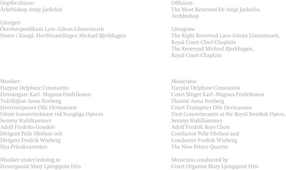 Bjerkhagen, Royal Court Chaplain Musiker: Harpist Delphine Constantin Hovsångare Karl-Magnus Fredriksson Tvärflöjtist Anna Norberg Hovtrumpetare Olle Hermansen Förste konsertmästare vid Kungliga