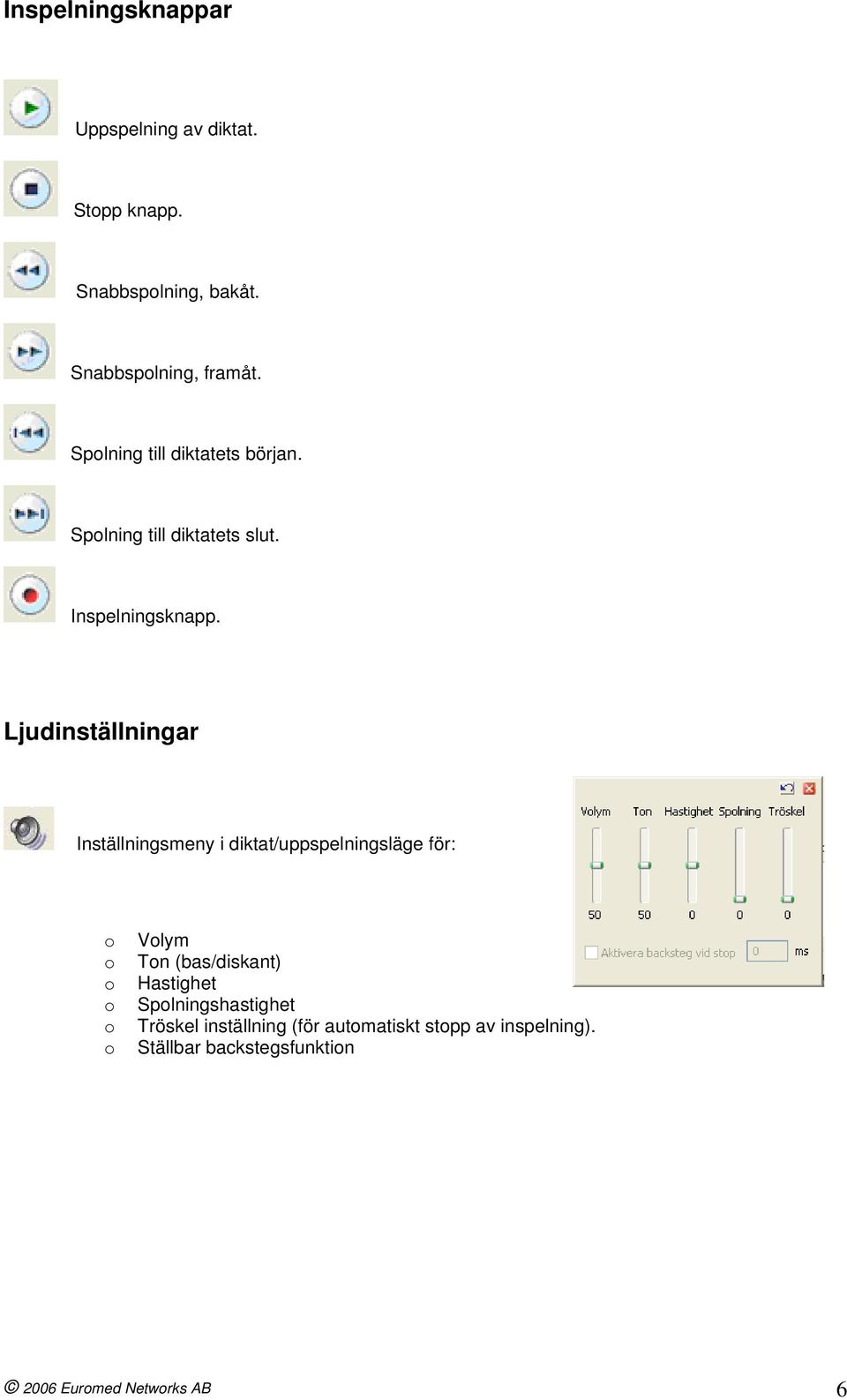 Ljudinställningar Inställningsmeny i diktat/uppspelningsläge för: Vlym Tn (bas/diskant) Hastighet