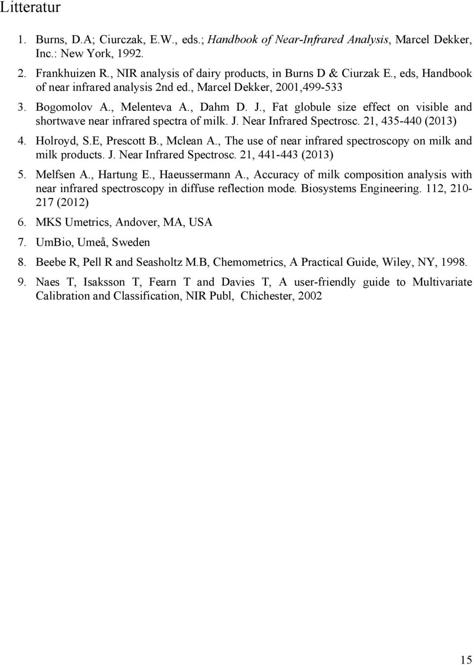 , Fat globule size effect on visible and shortwave near infrared spectra of milk. J. Near Infrared Spectrosc. 21, 435-440 (2013) 4. Holroyd, S.E, Prescott B., Mclean A.