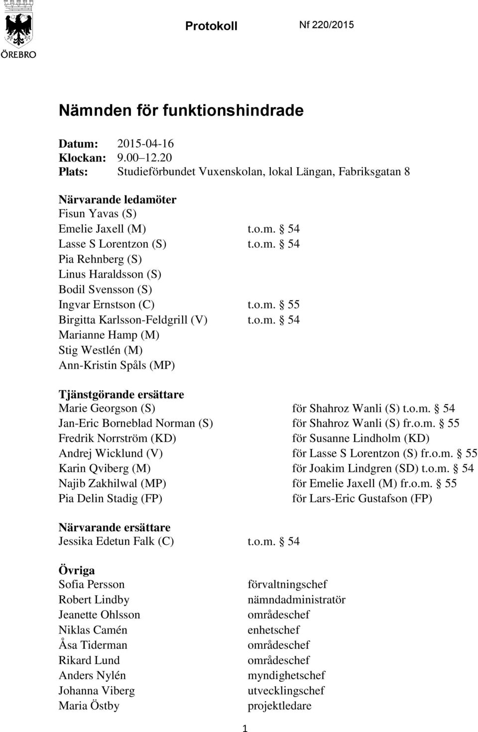 o.m. 55 Birgitta Karlsson-Feldgrill (V) t.o.m. 54 Marianne Hamp (M) Stig Westlén (M) Ann-Kristin Spåls (MP) Tjänstgörande ersättare Marie Georgson (S) för Shahroz Wanli (S) t.o.m. 54 Jan-Eric Borneblad Norman (S) för Shahroz Wanli (S) fr.