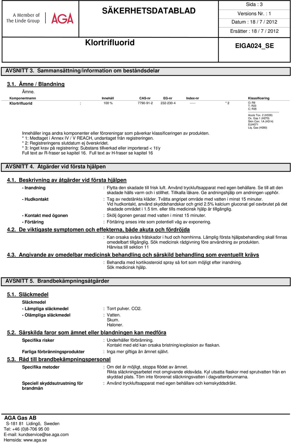 1A (H314) EUH071 Liq. Gas (H280) Innehåller inga andra komponenter eller föroreningar som påverkar klassificeringen av produkten. * 1: Medtaget i Annex IV / V REACH, undantaget från registreringen.