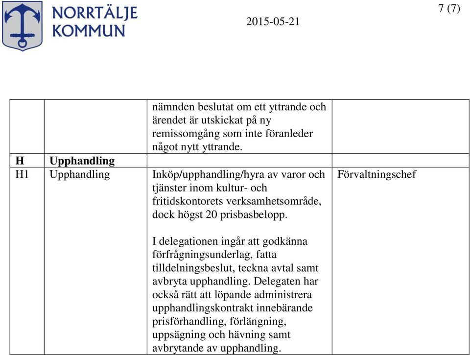 prisbasbelopp. I delegationen ingår att godkänna förfrågningsunderlag, fatta tilldelningsbeslut, teckna avtal samt avbryta upphandling.