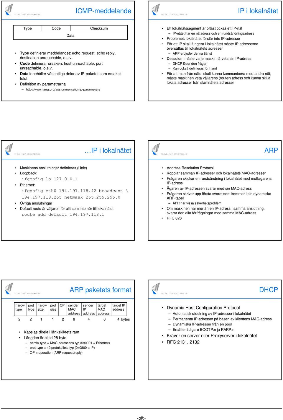 org/assignments/icmp-parameters Ett lokalnätssegment är oftast också ett IP-nät IP-nätet har en nätadress och en rundsändningsadress Problemet: lokalnätet förstår inte IP-adresser För att IP skall