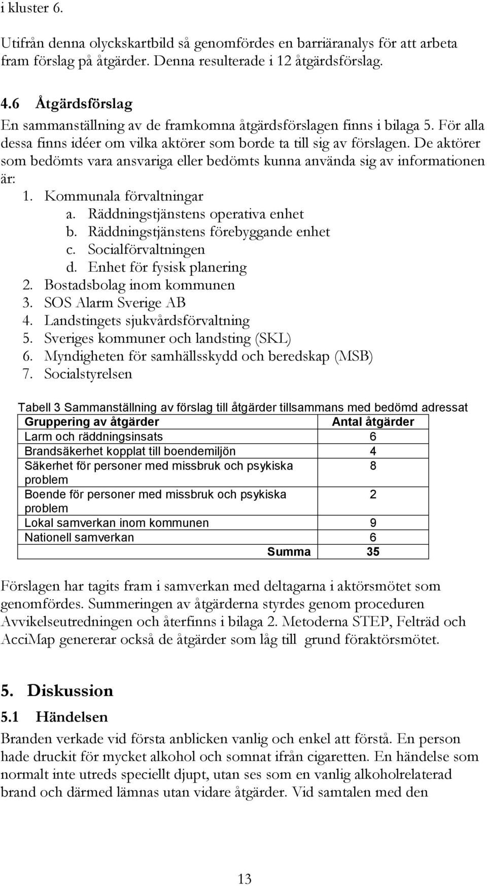 De aktörer som bedömts vara ansvariga eller bedömts kunna använda sig av informationen är: 1. Kommunala förvaltningar a. Räddningstjänstens operativa enhet b. Räddningstjänstens förebyggande enhet c.