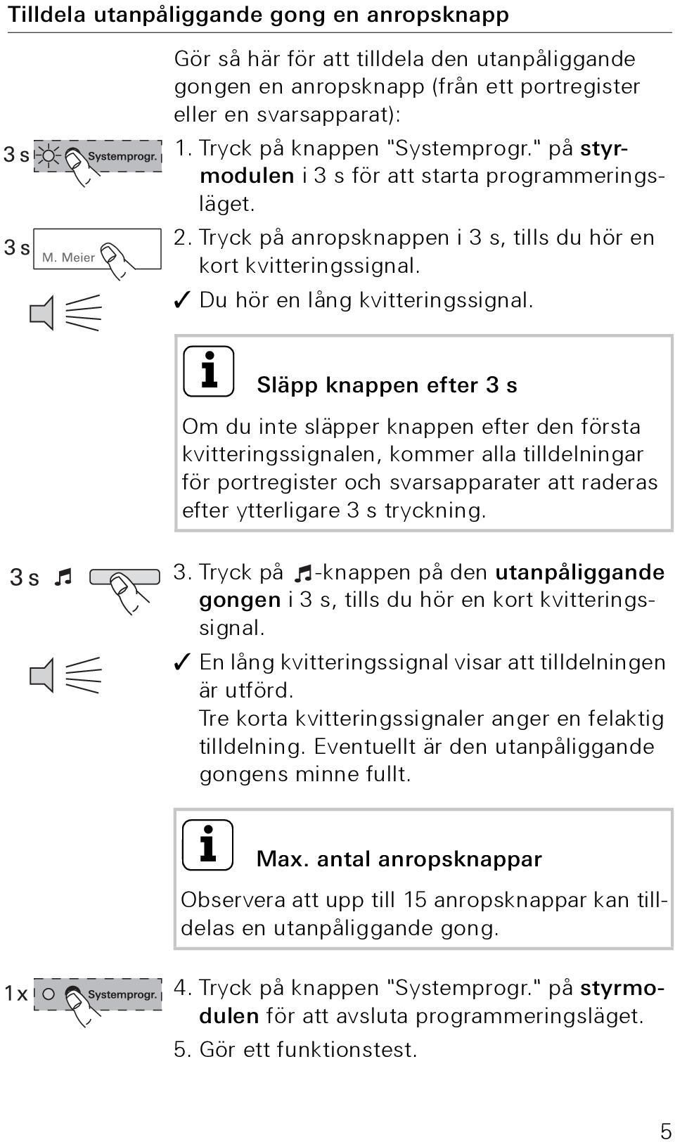 i Släpp knappen efter 3 s Om du inte släpper knappen efter den första kvitteringssignalen, kommer alla tilldelningar för portregister och svarsapparater att raderas efter ytterligare 3 s tryckning. 3. Tryck på -knappen på den utanpåliggande gongen i 3 s, tills du hör en kort kvitteringssignal.