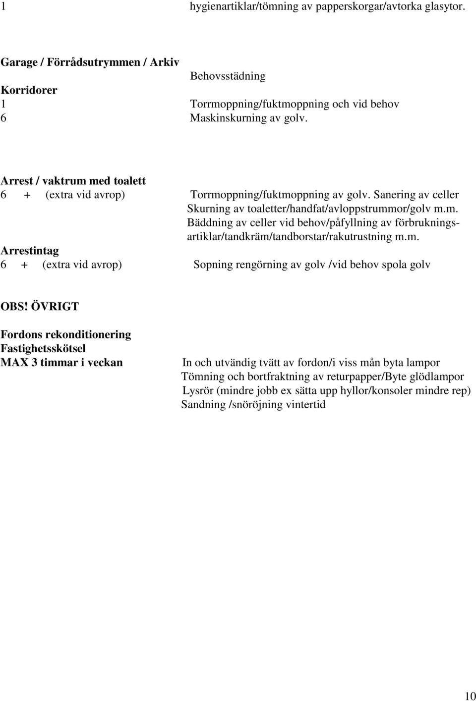 m. Arrestintag 6 + (extra vid avrop) Sopning rengörning av golv /vid behov spola golv OBS!