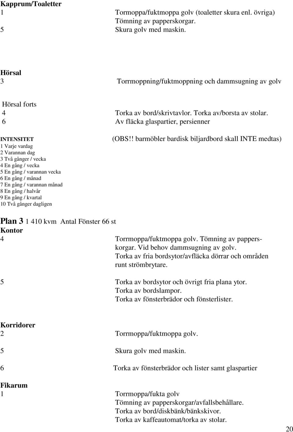 6 Av fläcka glaspartier, persienner INTENSITET 1 Varje vardag 2 Varannan dag 3 Två gånger / vecka 4 En gång / vecka 5 En gång / varannan vecka 6 En gång / månad 7 En gång / varannan månad 8 En gång /